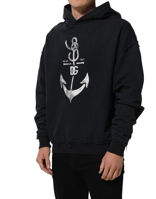 Black Anchor Print Hooded Sweatshirt Sweater