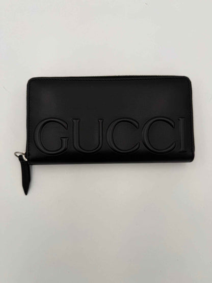 GUCCI Zip Black Front Logo Embossed Wallet