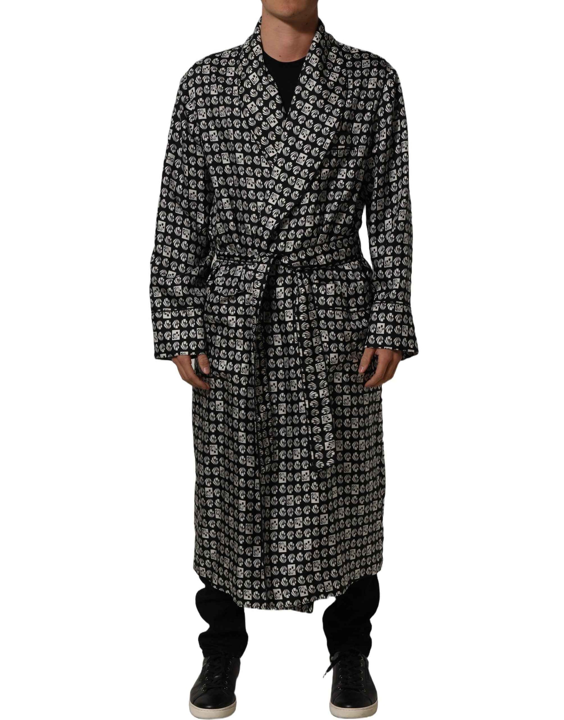 Black White Silk Men Wrap Robe Coat Jacket