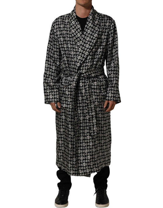 Black White Silk Men Wrap Robe Coat Jacket