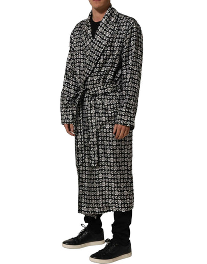 Black White Silk Men Wrap Robe Coat Jacket