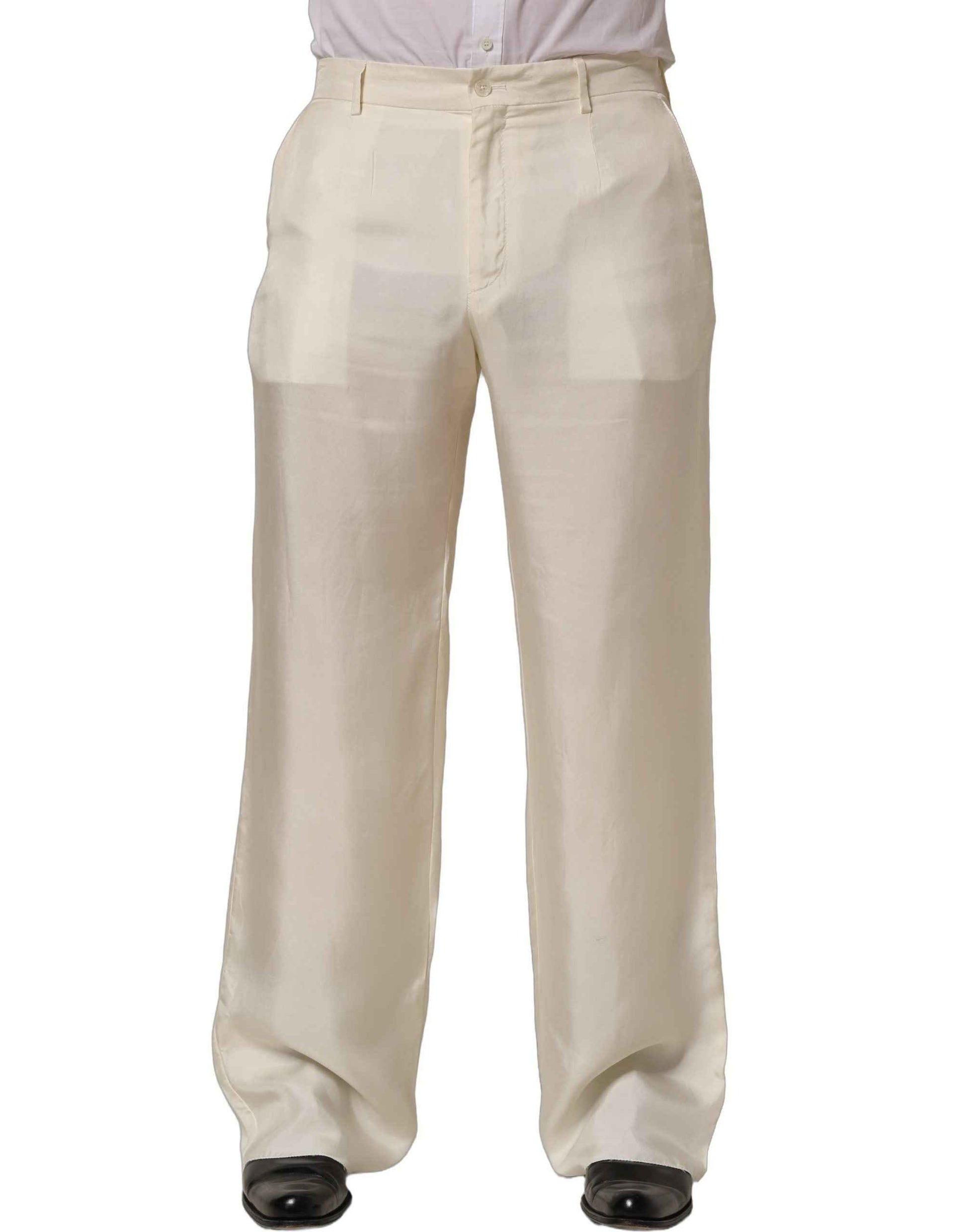 Off White Silk Straight Wide Leg Trouser Pants