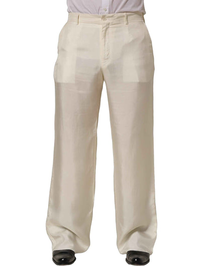 Off White Silk Straight Wide Leg Trouser Pants