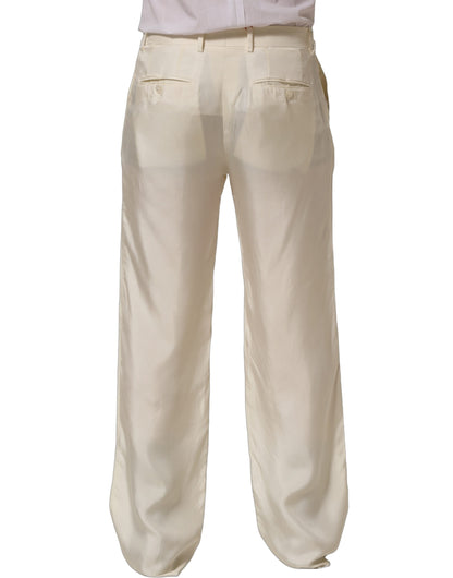 Off White Silk Straight Wide Leg Trouser Pants