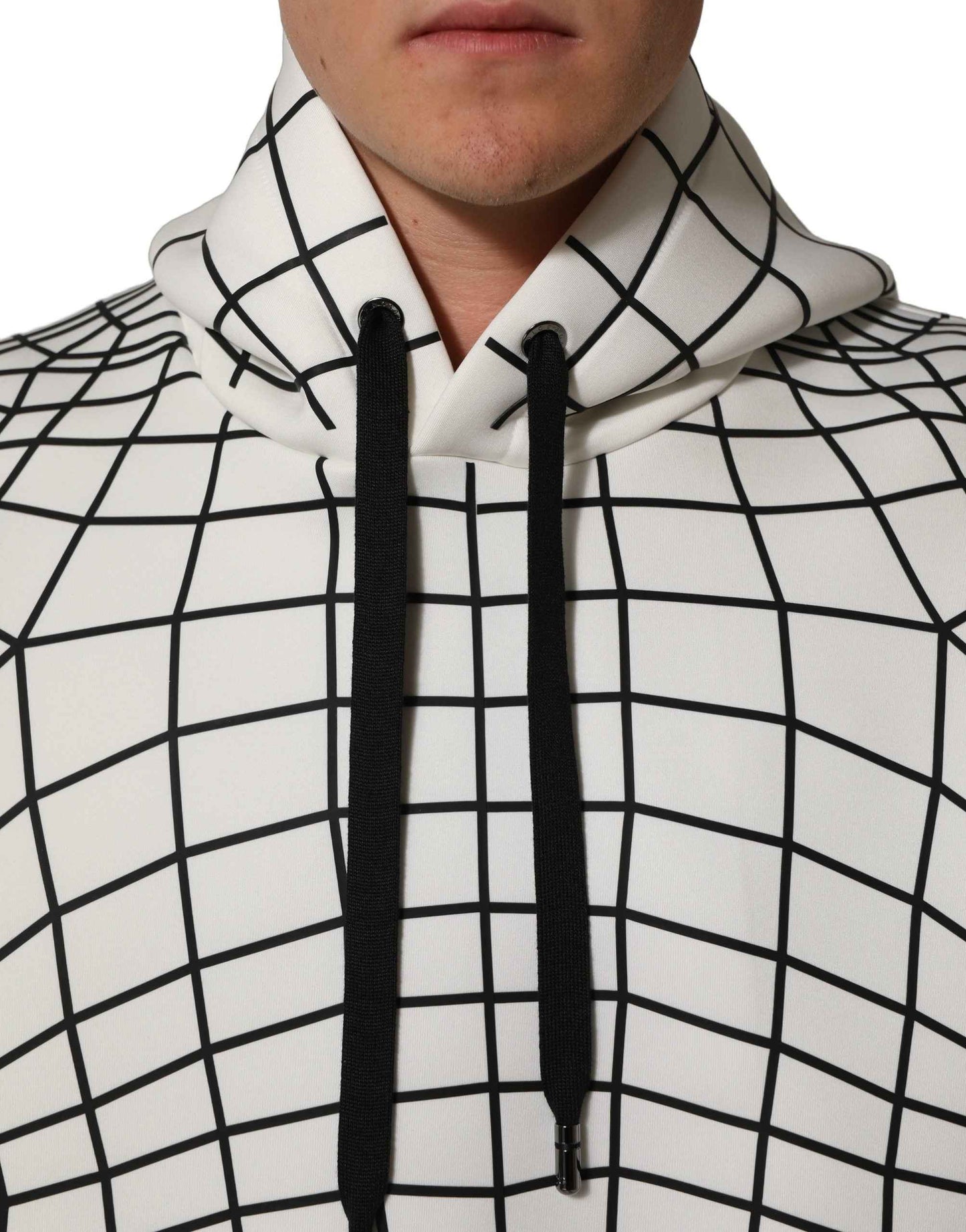 White Black WarpGrid Pattern Hoodie Sweater