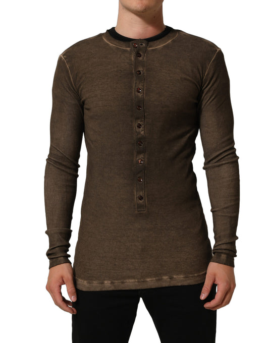 Brown Cotton Buttoned Henley Pullover Sweater