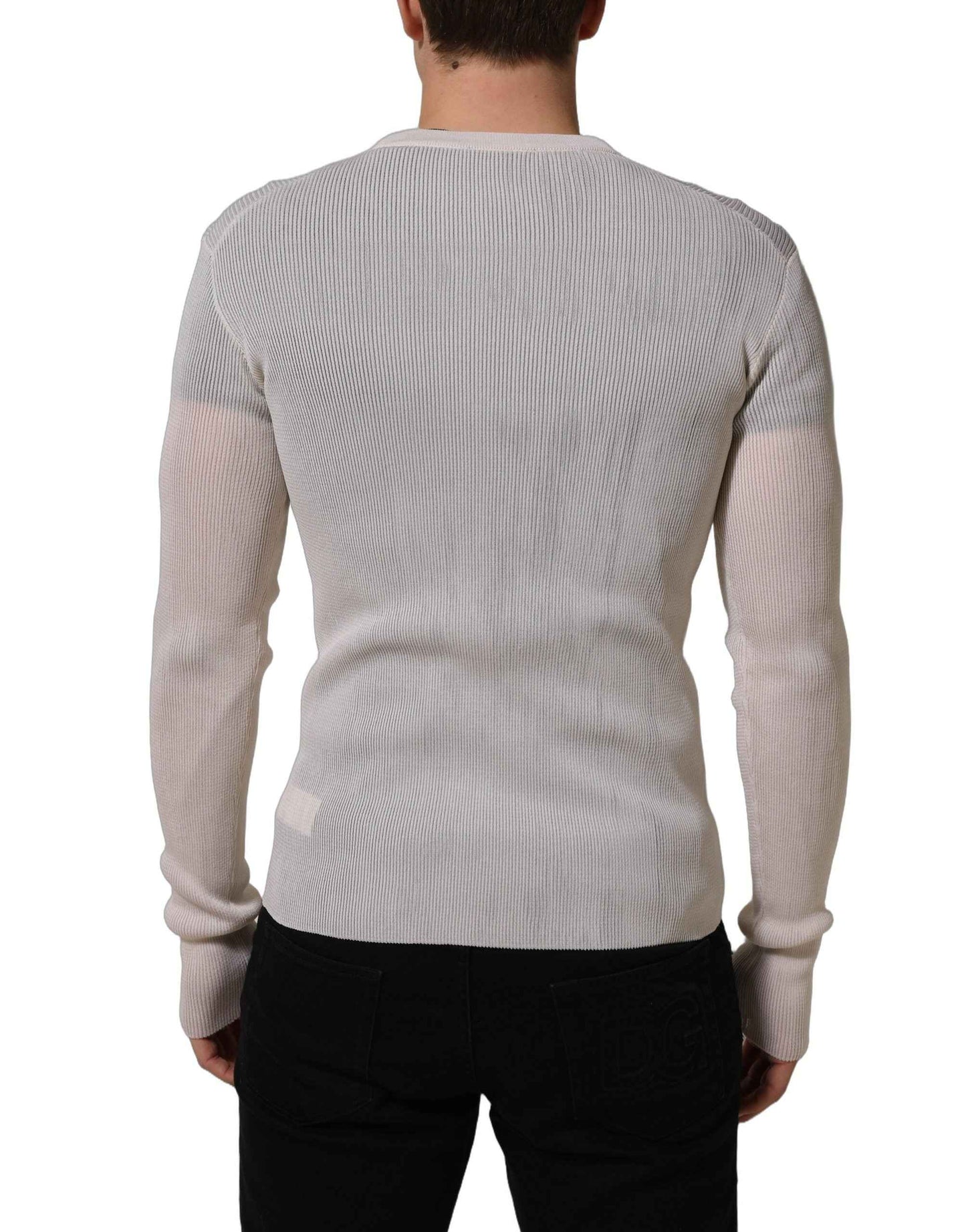 White Silk Crew Neck Men Pullover Sweater