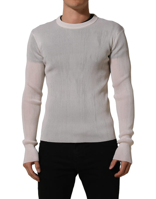 White Silk Crew Neck Men Pullover Sweater