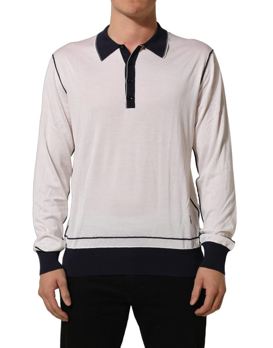 White Silk Collared Henley Pullover Sweater