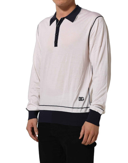 White Silk Collared Henley Pullover Sweater
