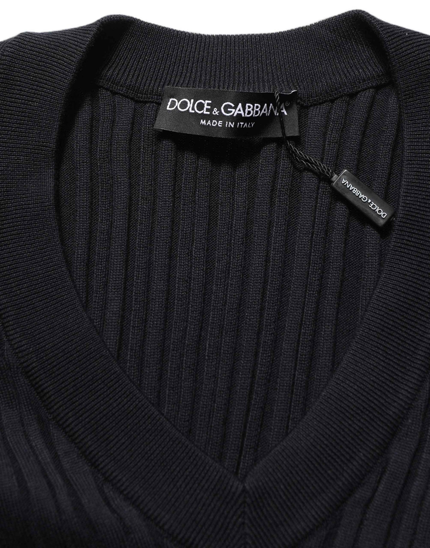 Black Silk Blend V-neck Pullover Men Sweater