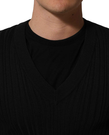 Black Silk Blend V-neck Pullover Men Sweater