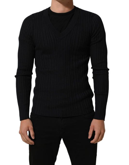 Black Silk Blend V-neck Pullover Men Sweater