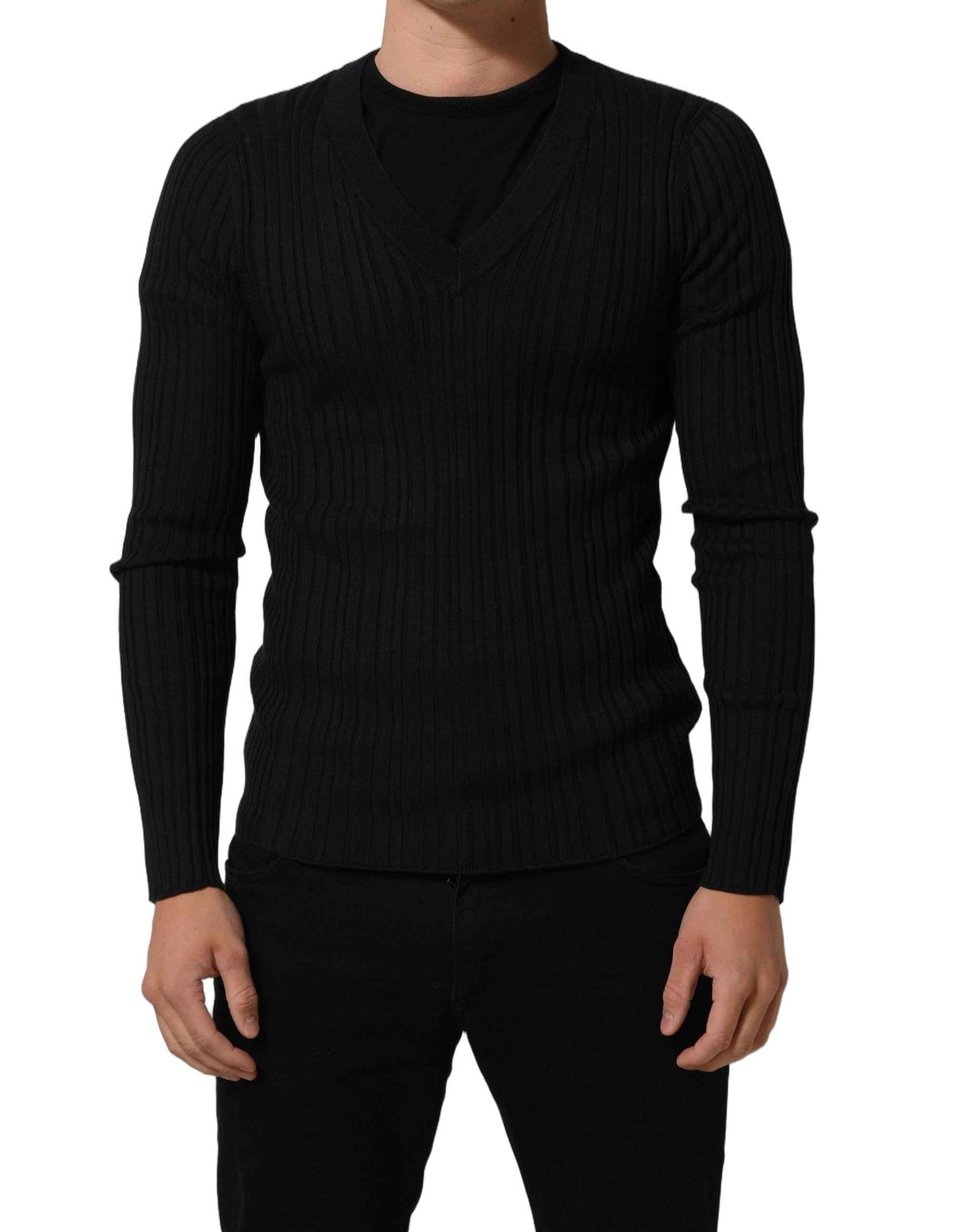Black Silk Blend V-neck Pullover Men Sweater