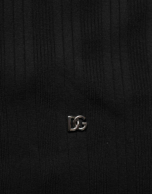 Black Silk Blend Henley Pullover Men Sweater