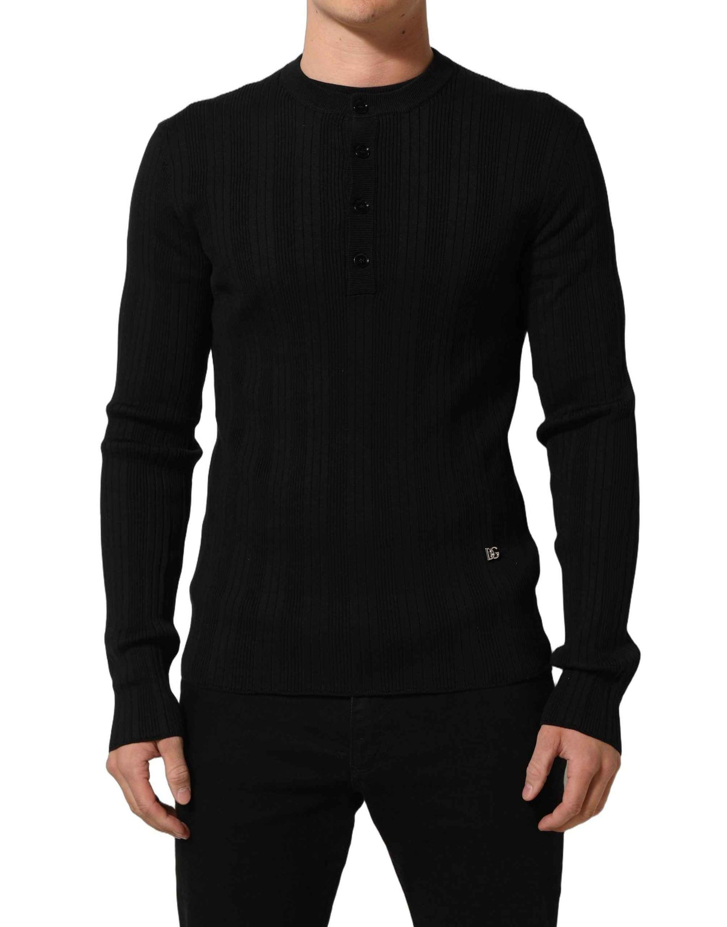 Black Silk Blend Henley Pullover Men Sweater