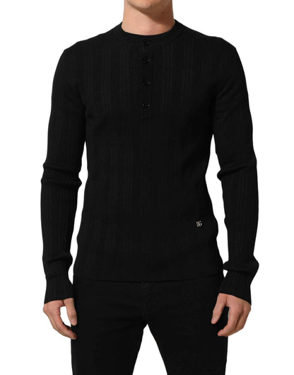 Black Silk Blend Henley Pullover Men Sweater