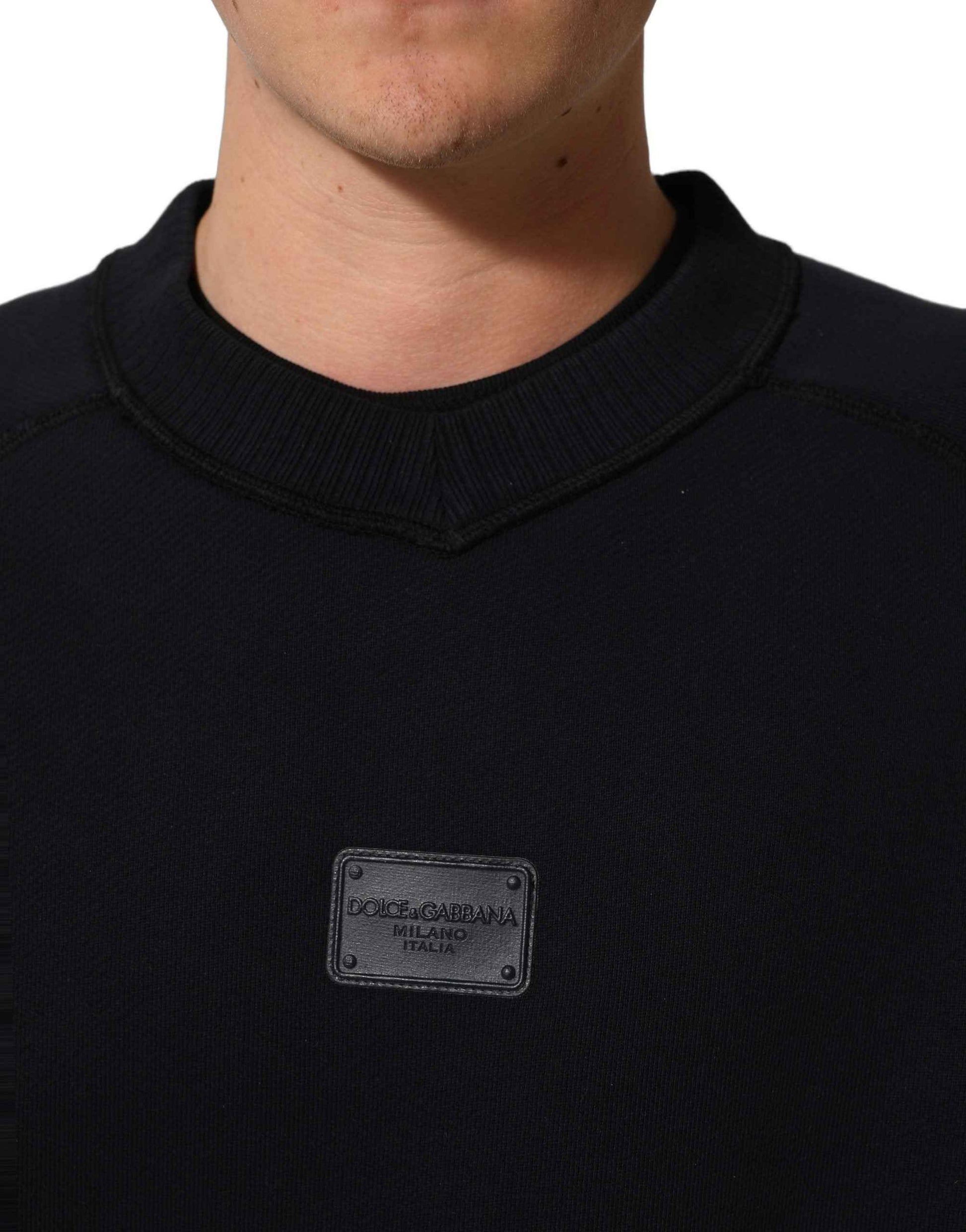 Black Logo Plaque Cotton Crew Neck Pullover Sweater