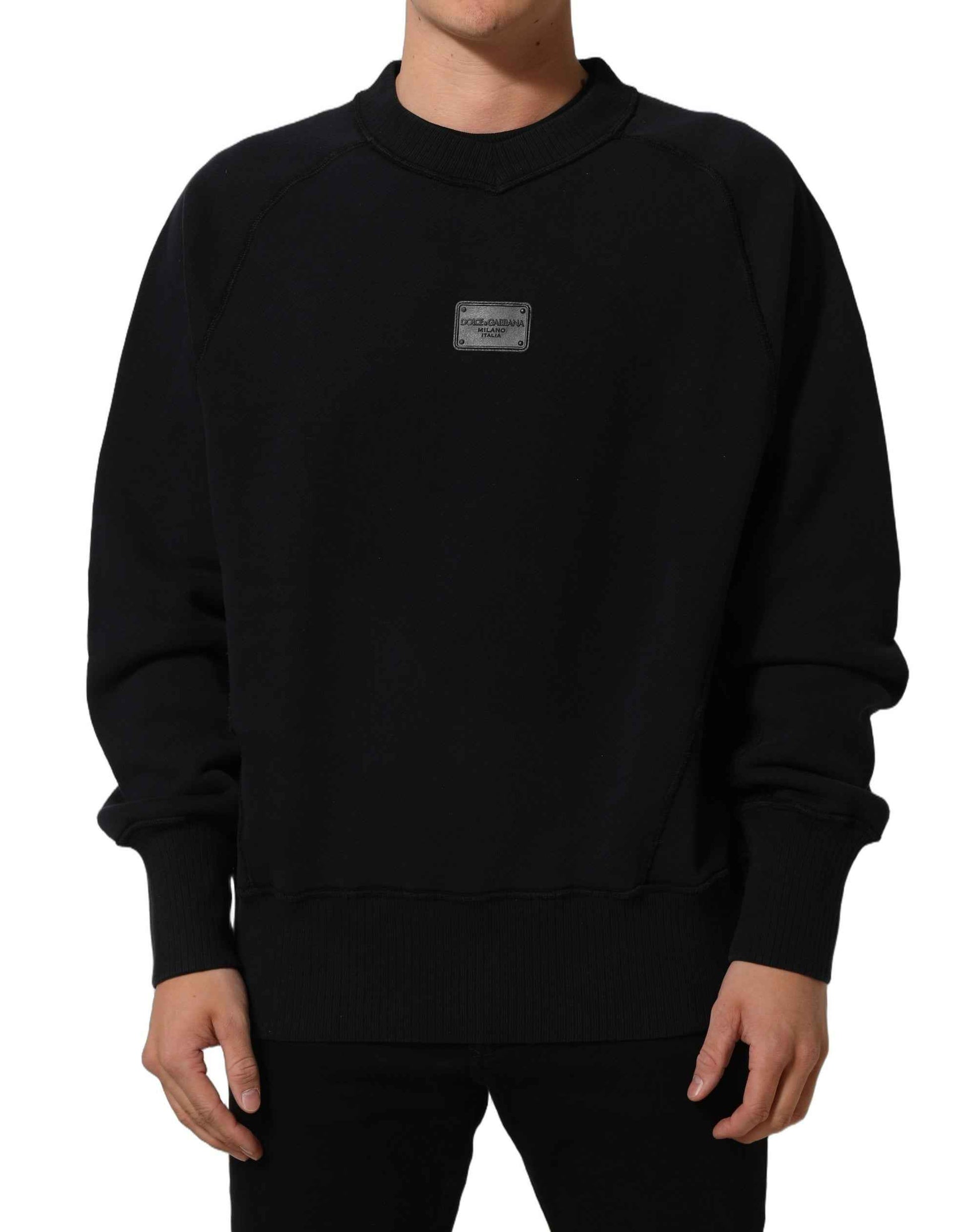 Black Logo Plaque Cotton Crew Neck Pullover Sweater