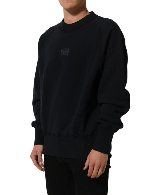 Black Logo Plaque Cotton Crew Neck Pullover Sweater