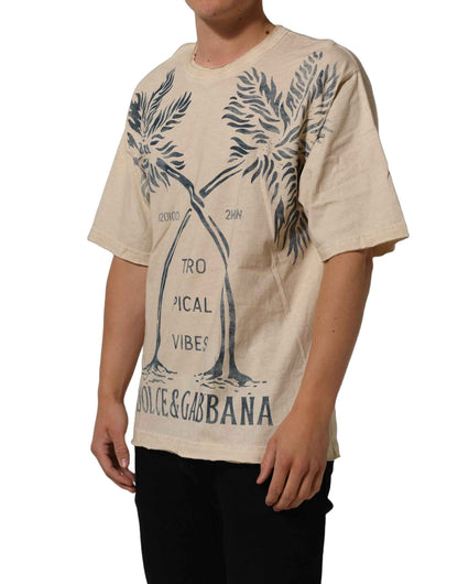 Beige Cotton Graphic Print Crew Neck T-shirt
