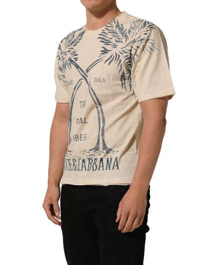 Beige Cotton Graphic Print Crew Neck T-shirt