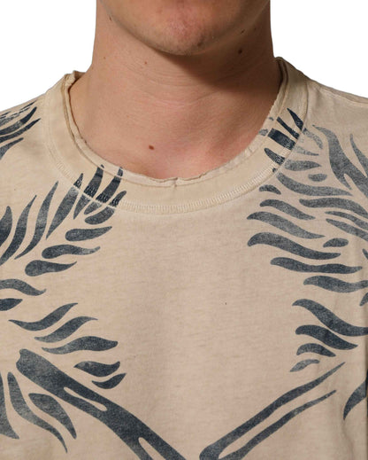 Beige Cotton Graphic Print Crew Neck T-shirt