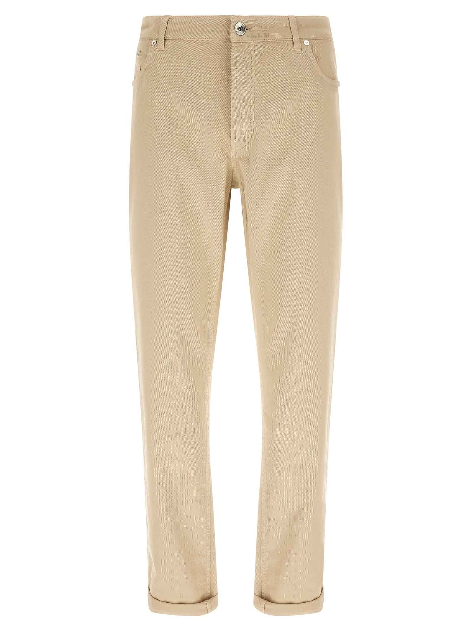 Beige Cotton Tapered Jeans