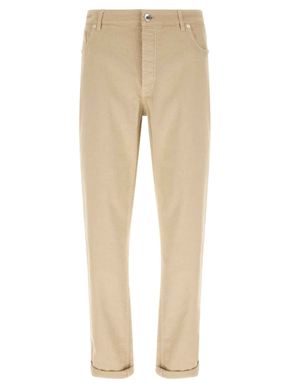 Beige Cotton Tapered Jeans