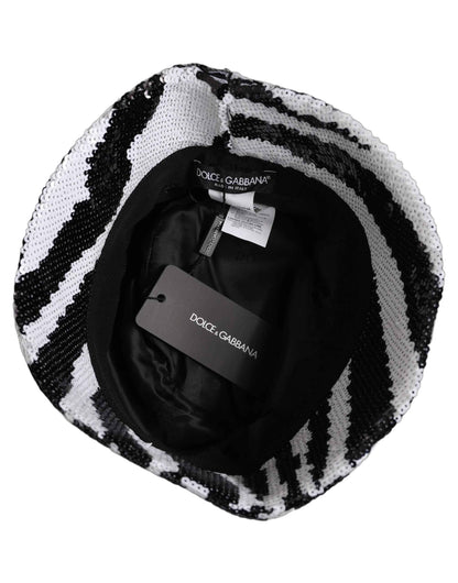 Men Black White Zebra Sequin Bucket Cap Hat