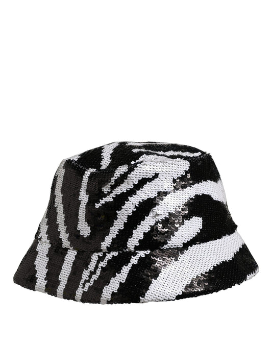 Men Black White Zebra Sequin Bucket Cap Hat