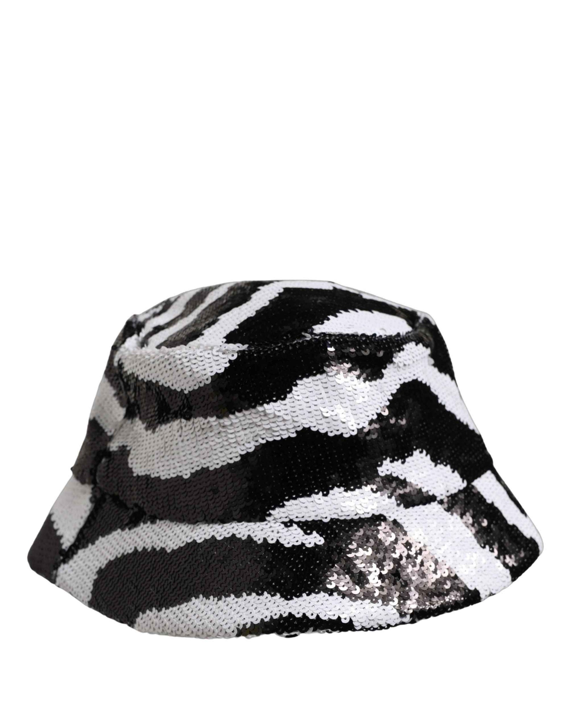 Men Black White Zebra Sequin Bucket Cap Hat