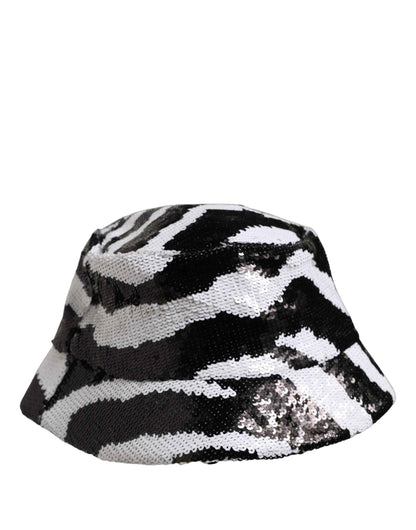 Men Black White Zebra Sequin Bucket Cap Hat
