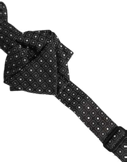 Men Black Polka Dot Silk Adjustable Neck Papillon Bow Tie
