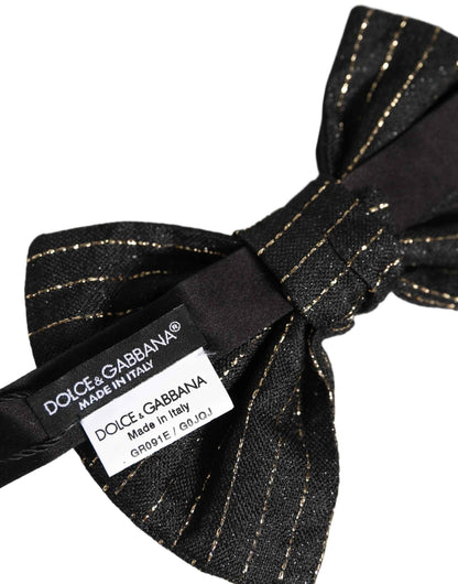 Men Black Pinstripe Silk Adjustable Neck Papillon Bow Tie