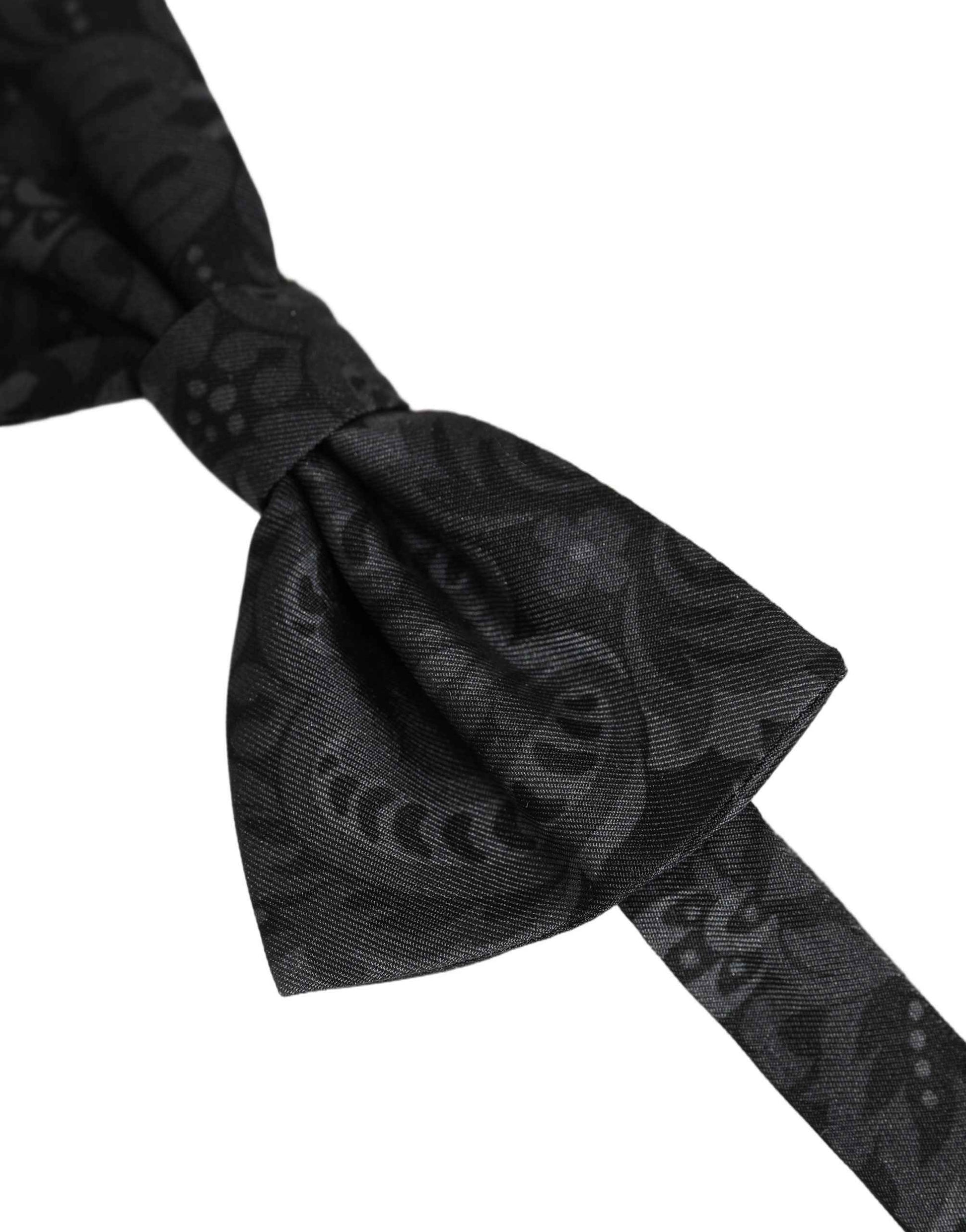 Men Black Paisley SIlk Adjustable Neck Papillon Bow Tie