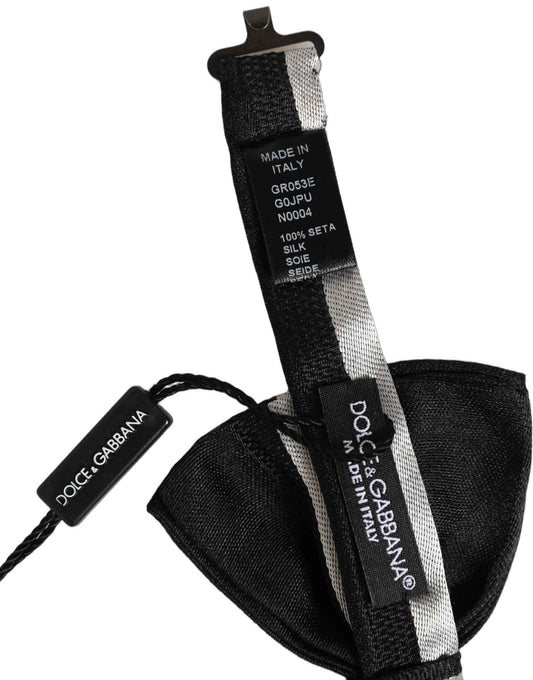 Black Silver 100% Silk Adjustable Neck Papillon Bow Tie