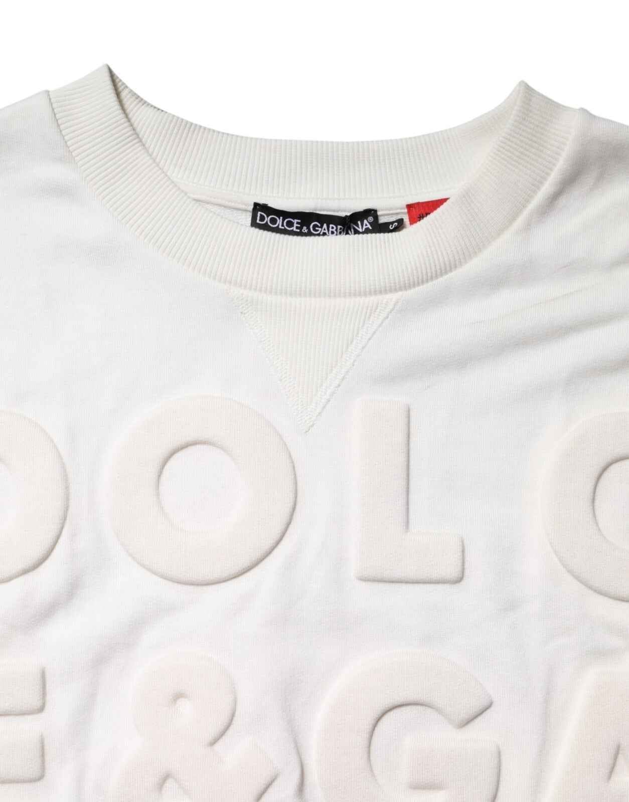 White Embossed Logo Cotton Crew Neck Sweater