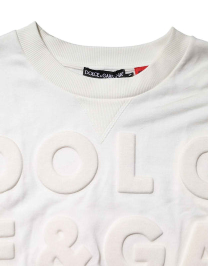 White Embossed Logo Cotton Crew Neck Sweater