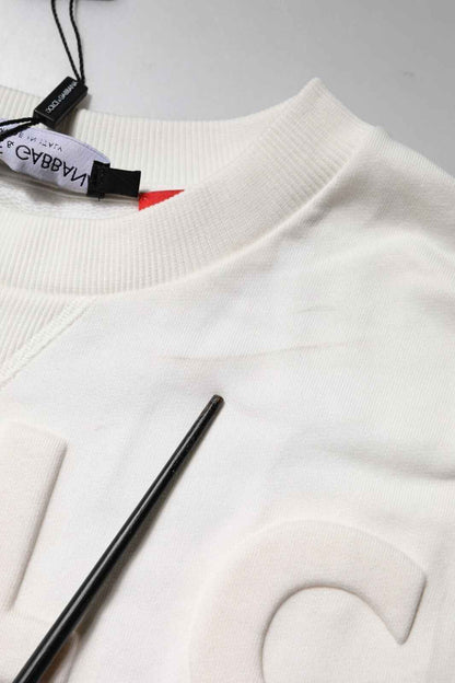 White Embossed Logo Cotton Crew Neck Sweater