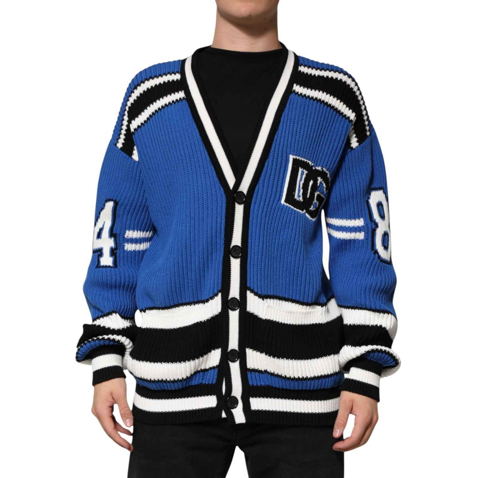 Blue Cotton Logo Patch Ribbed Knit Cardigan Sweater