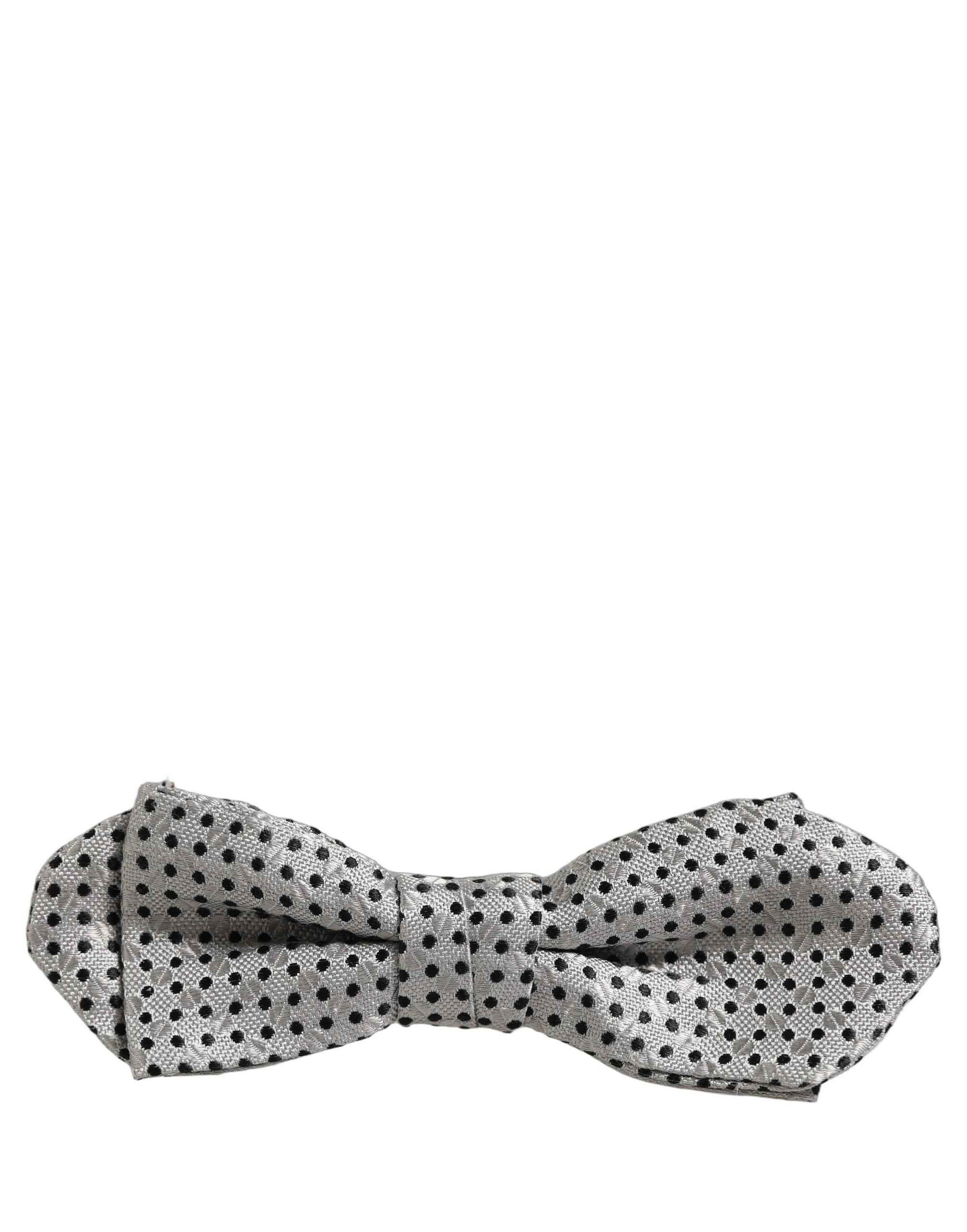Men Silver Black Polka Dot Adjustable Neck Papillon Bow Tie