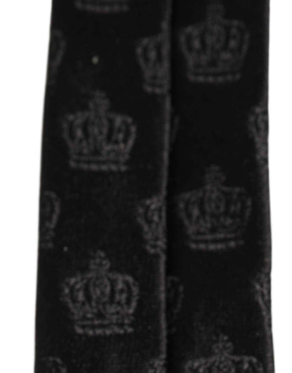 Men Black Crown Print Silk Adjustable Tied Necktie Tie