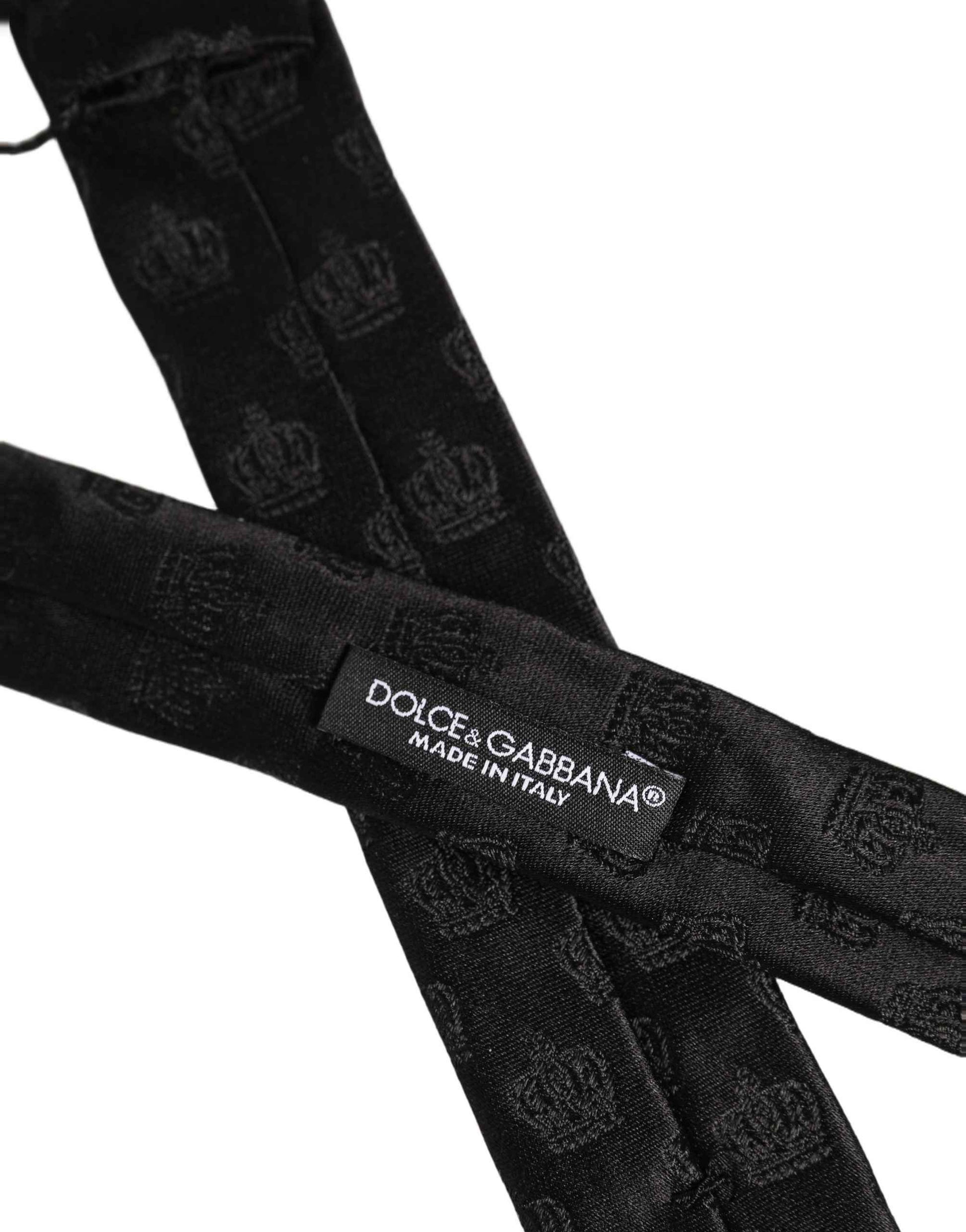Men Black Crown Print Silk Adjustable Tied Necktie Tie