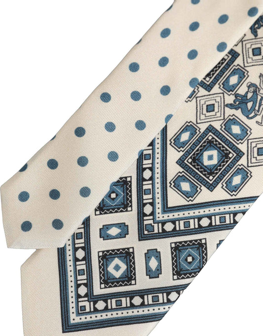 Men Off White Blue Geometric Adjustable Tied Necktie Tie