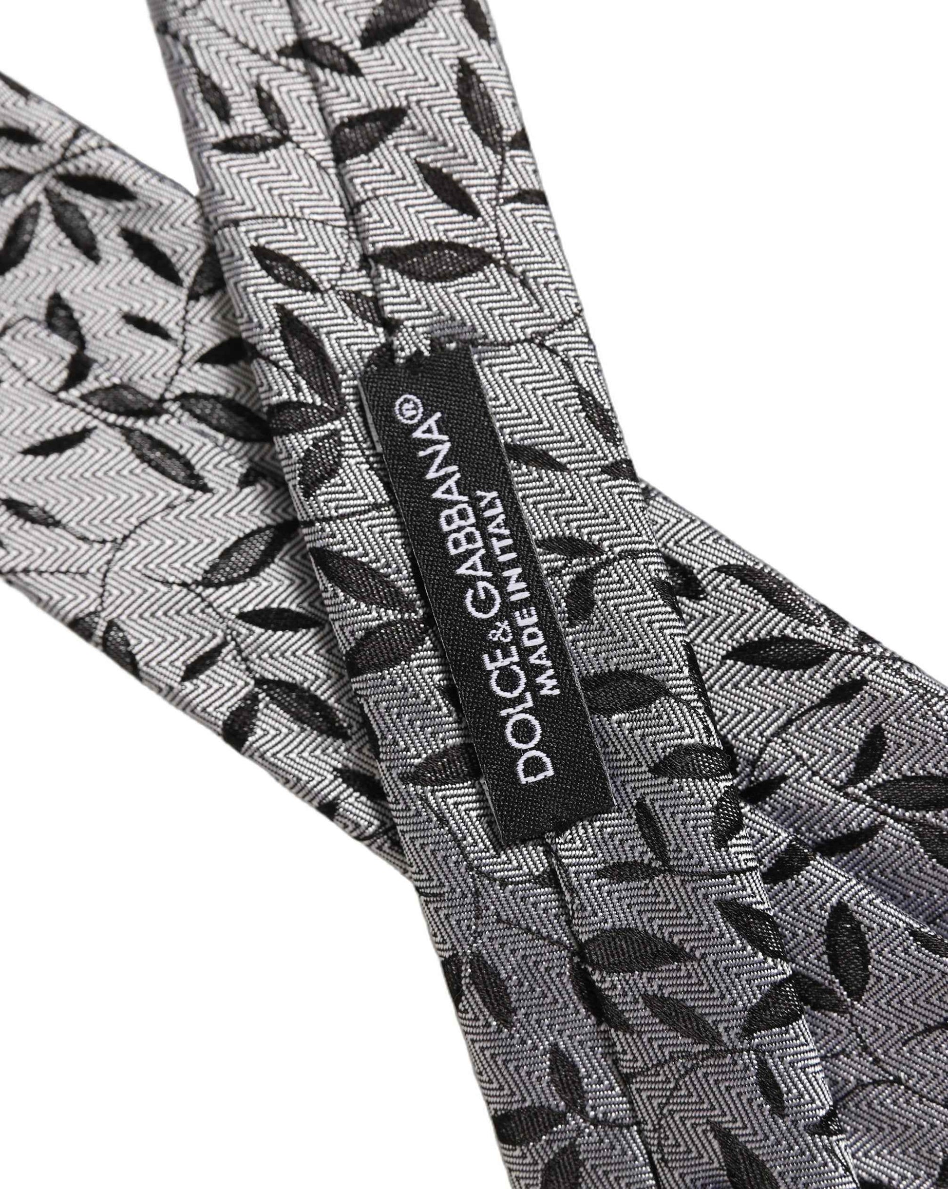 Men Gray Leaf Pattern Silk Adjustable Tied Necktie Tie