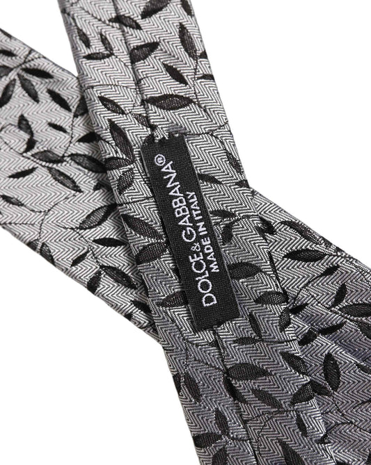 Men Gray Leaf Pattern Silk Adjustable Tied Necktie Tie