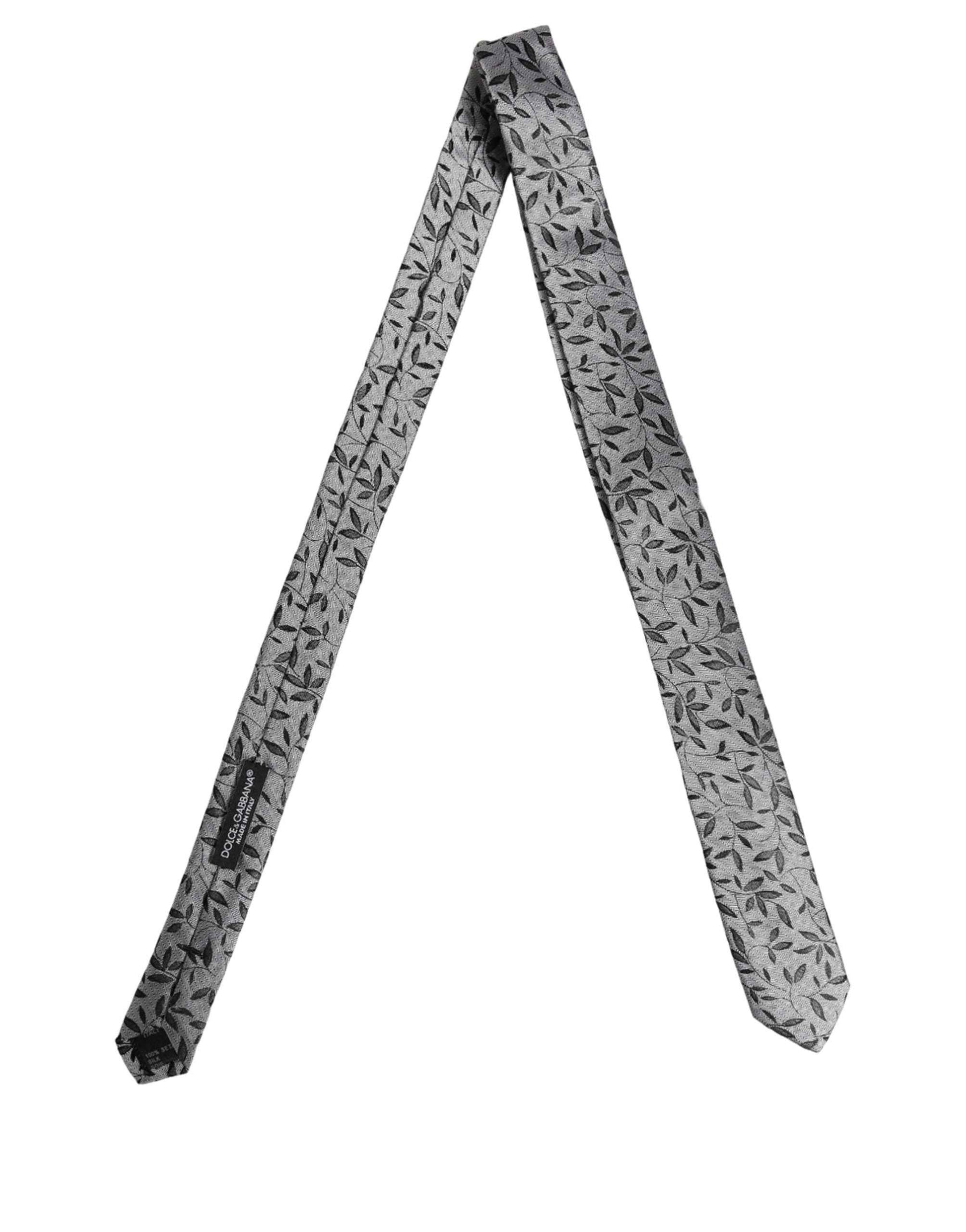 Men Gray Leaf Pattern Silk Adjustable Tied Necktie Tie