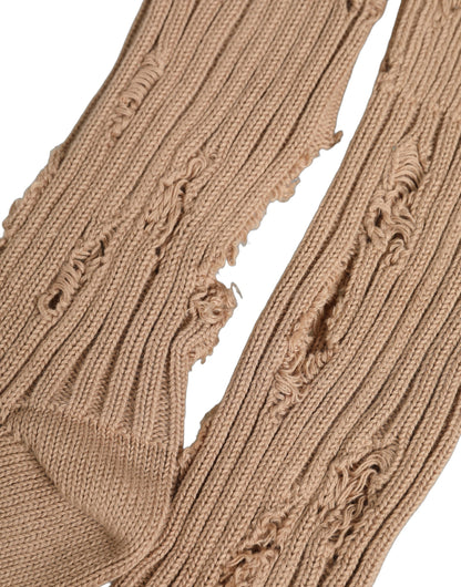 Beige Cotton Distressed Mid Calf Accessory Socks
