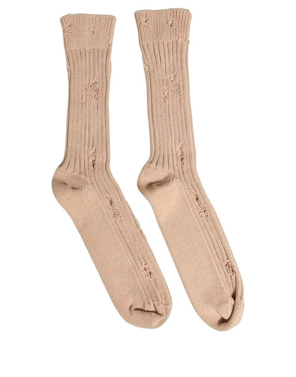 Beige Cotton Distressed Mid Calf Accessory Socks